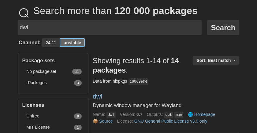 nixpkgs results when searching for dwl, we can see that the
version is at 0.7 on branch unstable